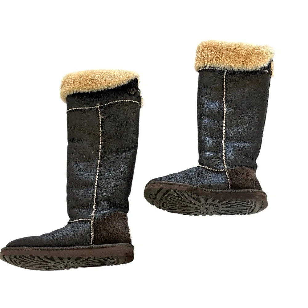 UGG Bailey Button Over the Knee Boots Bomber Brown‎ Leather Eva Shearling Size 7